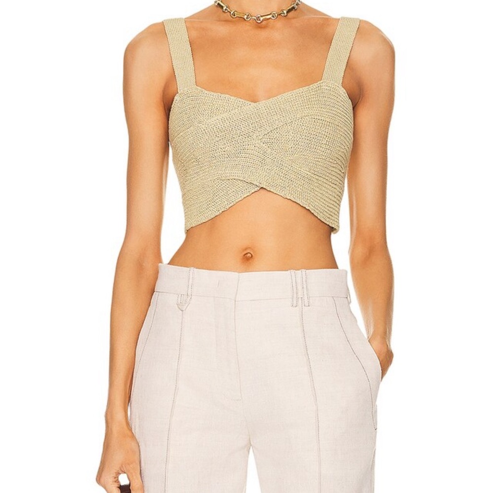 Beige Knit Twist Front Crop Tank Top